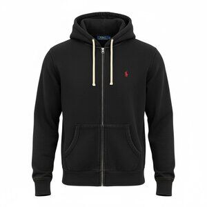 Polo Ralph Lauren Mens M Black Full-Zip Hoodie Red Logo Hood Pockets
